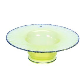 Bowl, Unmarked Solid Vaseline Stretch Glass, Applied Cobalt Blue Rim