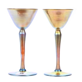 Pair Wine Stems, Signed Aurene, Gold Iridescent Art Glass By Steuben