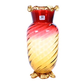 Vase, Amberina Swirl Art Glass, Applied Amber Petal Feet & Ruffled Rim