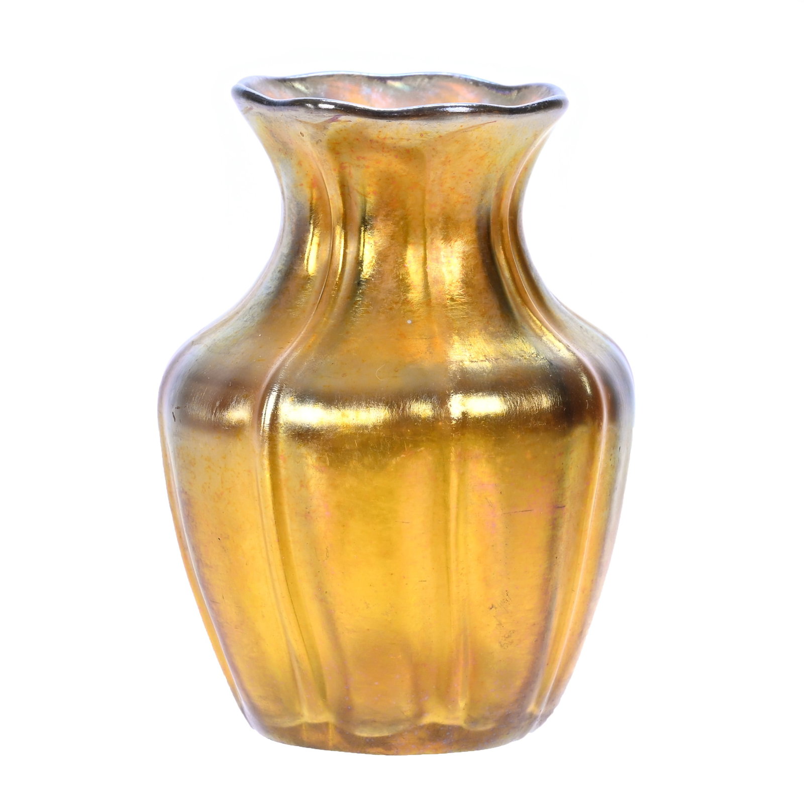 Vase Signed LC Tiffany-Favrile #9412H Art Glass, Gold Iridescent: Vase Signed LC Tiffany-Favrile #9412H Art Glass, Gold Iridescent, 3" x 2.25", Ribbed Design, Verl Timm Collection, Colorado.