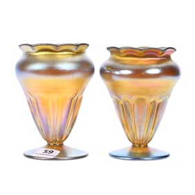 Pair Pedestal Vases Signed Nash #544, Gold Iridescent Art Glass