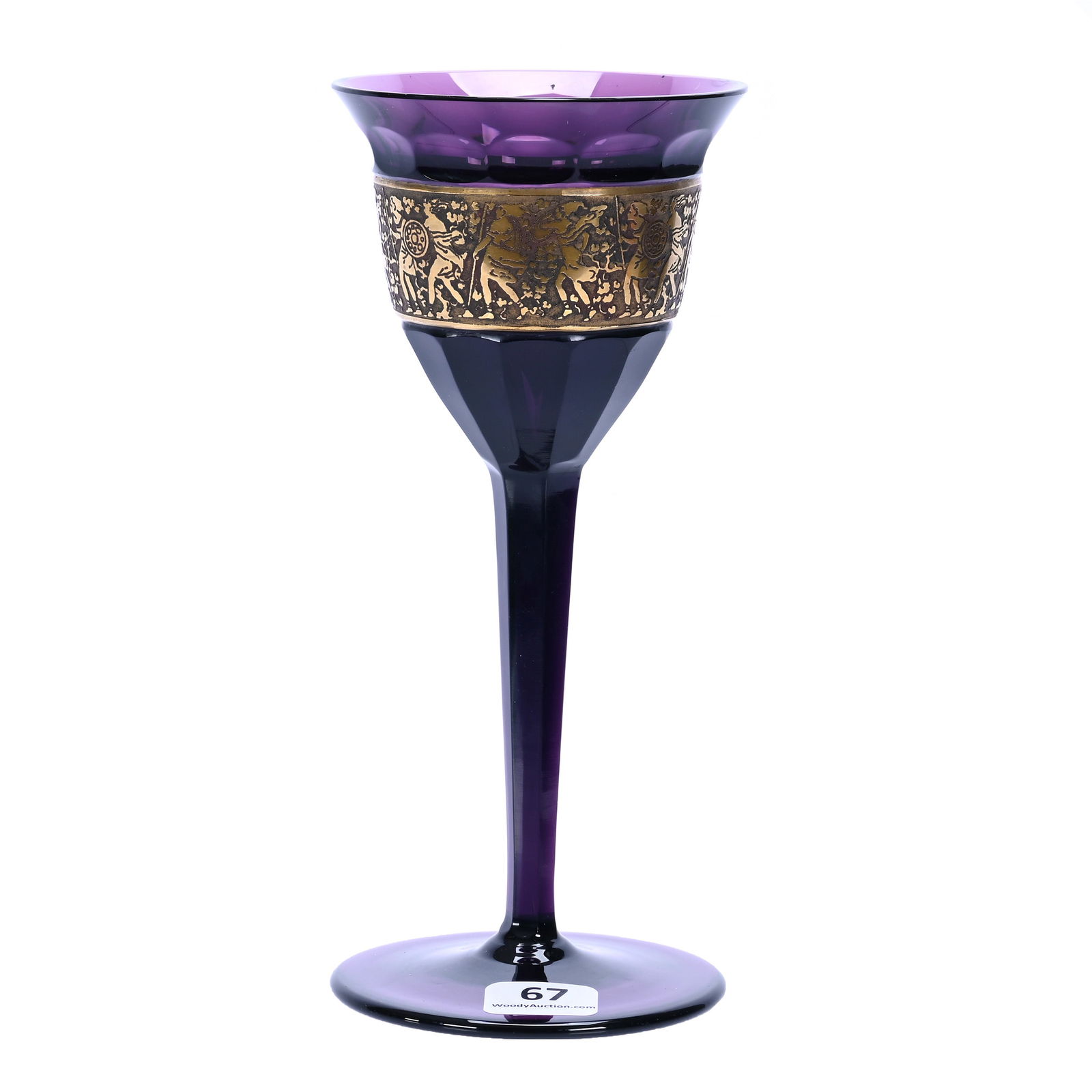 Wine Stem, Signed Moser Karlsbad, Solid Amethyst Art Glass: Wine Stem, Signed Moser Karlsbad, Solid Amethyst Art Glass, 7.25" x 3.25", Brocade Gold Band, Private Tennessee Collection.