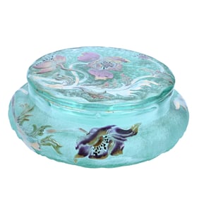 Round Covered Box, Signed Galle, French Cameo And Enamel Art Glass