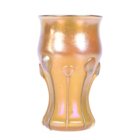 Vase Signed LCT, Tiffany Gold Iridescent Art Glass, Eight Applied Tadpoles