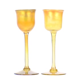 Pair Cordial Stems Signed LCT Favrile, Tiffany Gold Iridescent Art Glass