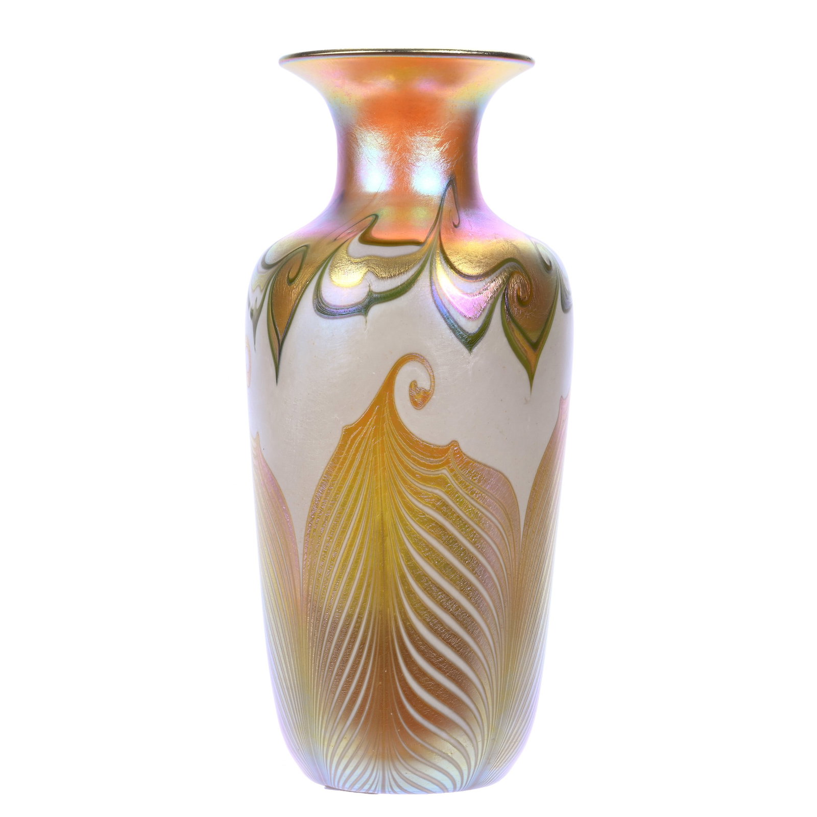 Vase Signed Quezal #A760 Art Glass: Vase Signed Quezal #A760 Art Glass, 9.25" x 4.25", Wonderful Gold Pulled Feather Design With White, Green And Gold Swirl Highlights, Excellent Example, Karin Rieger Collection, Kansas.