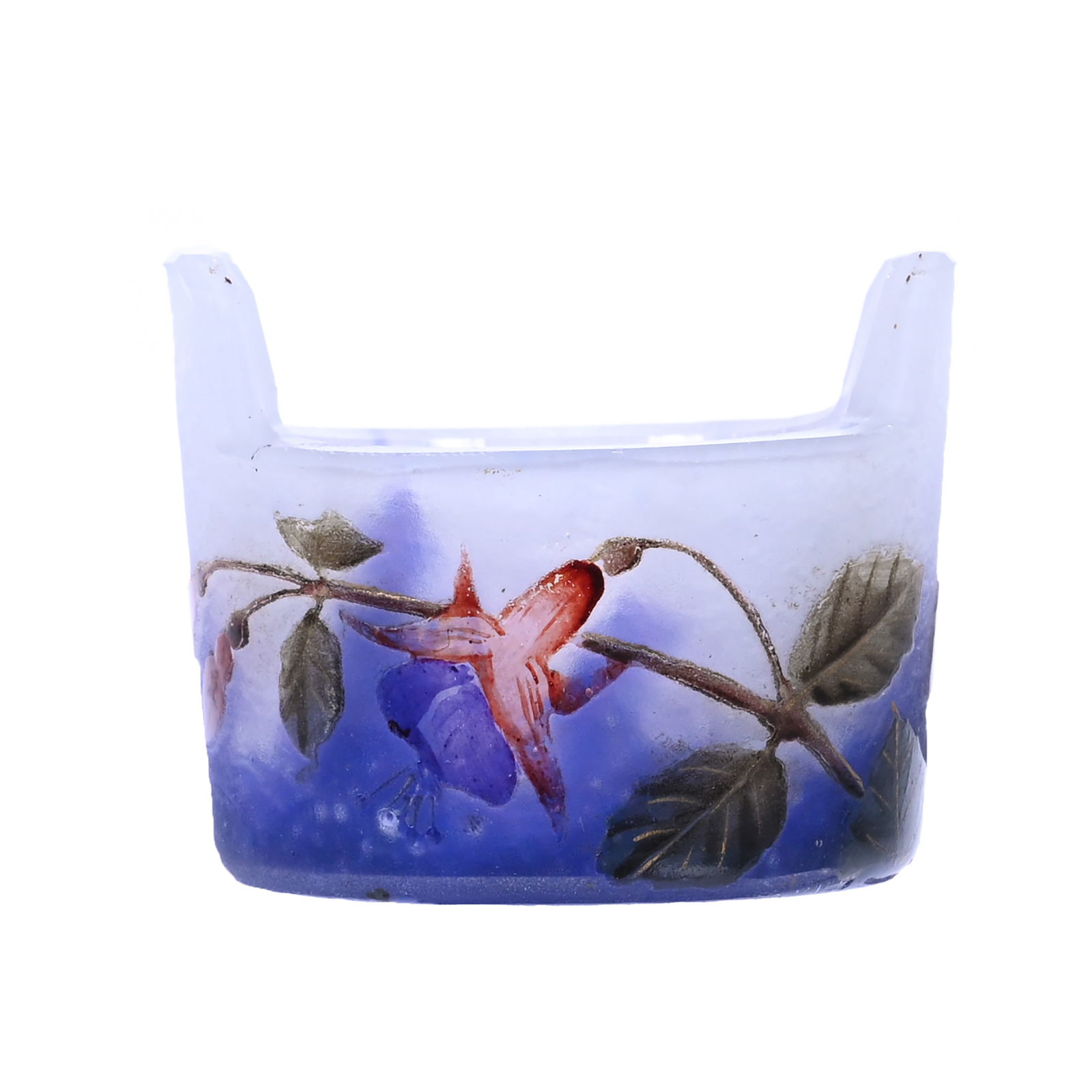 Tab-Handled Salt Dip, Signed Daum Nancy, French Cameo Art Glass: Tab-Handled Salt Dip, Signed Daum Nancy, French Cameo Art Glass, 1.375" x 1.75", White And Lavender Ground With Floral Decor, This Piece Is Genuine Daum From The Early 1900s, Private Tennessee Collect