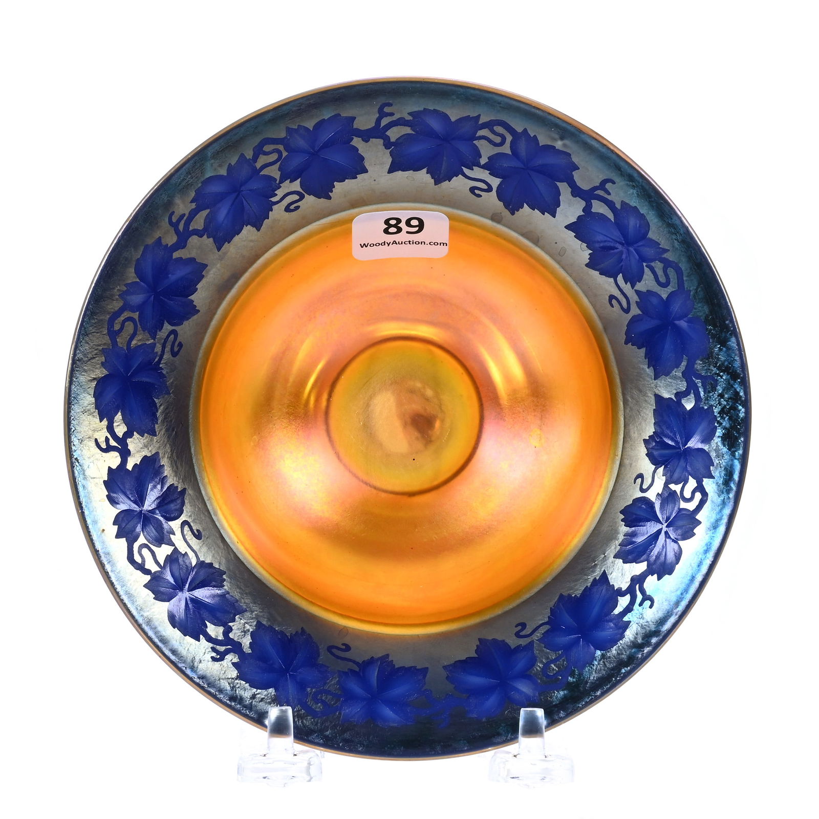 Pedestal Bowl, Signed LC Tiffany-Favrile, Art Glass: Pedestal Bowl, Signed LC Tiffany-Favrile, Art Glass, 2.25" x 6", Wonderful Gold Iridescence With Blue Border, Engraved Vintage Leaf Border, Fine Example, Private Tennessee Collection.