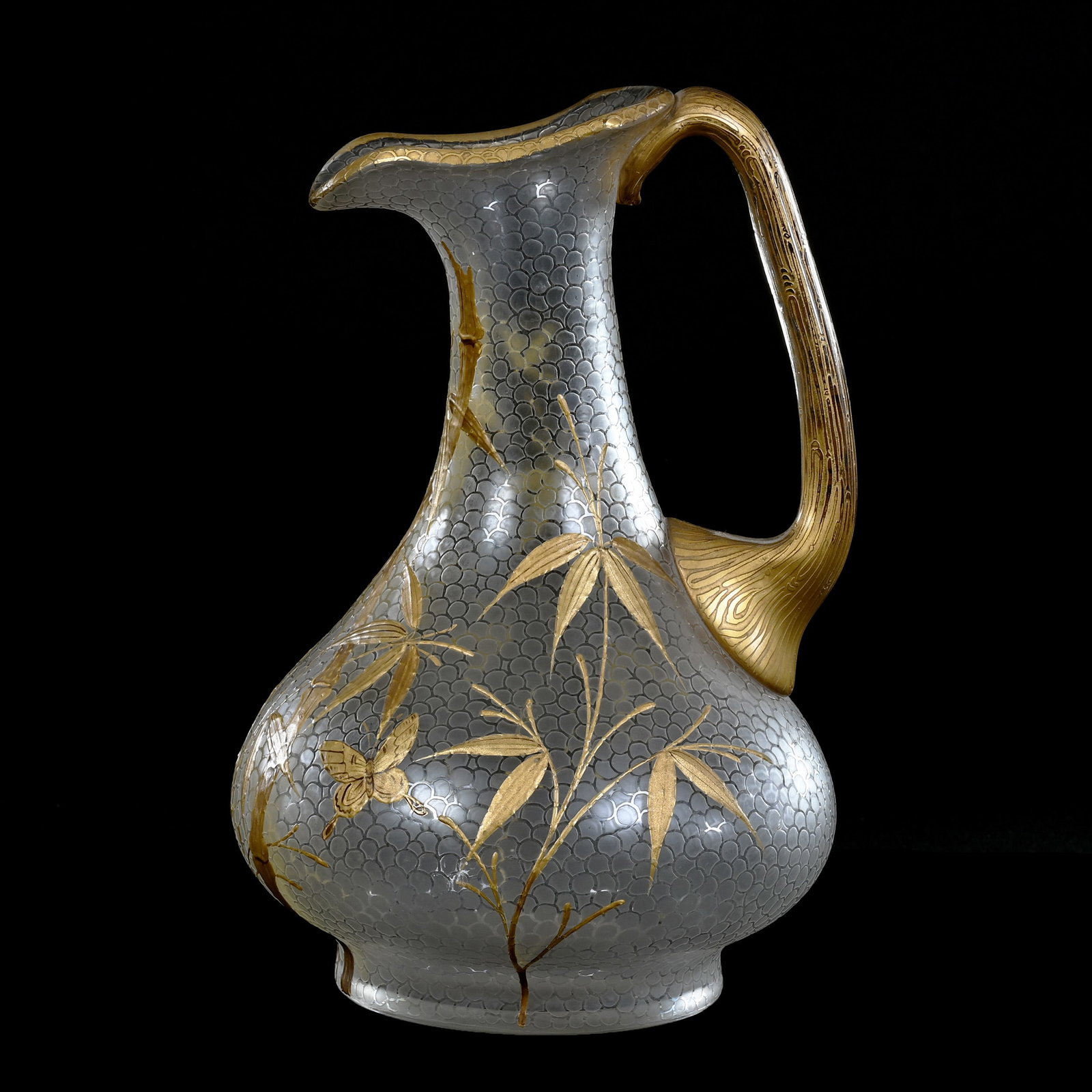 Ewer, Art Glass With Embossed Signature On Base "G.S.F.": Ewer, Art Glass With Embossed Signature On Base "G.S.F.", 8" x 5.5", Acid Texture Body With Gold Enamel Bamboo And Butterfly Decor, Gerry And Jamie Prather Collection, Michigan.