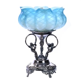 Victorian Brides Basket, Blue Satin Diamond Quilted Mop Melon Ribbed Art Glass Bowl