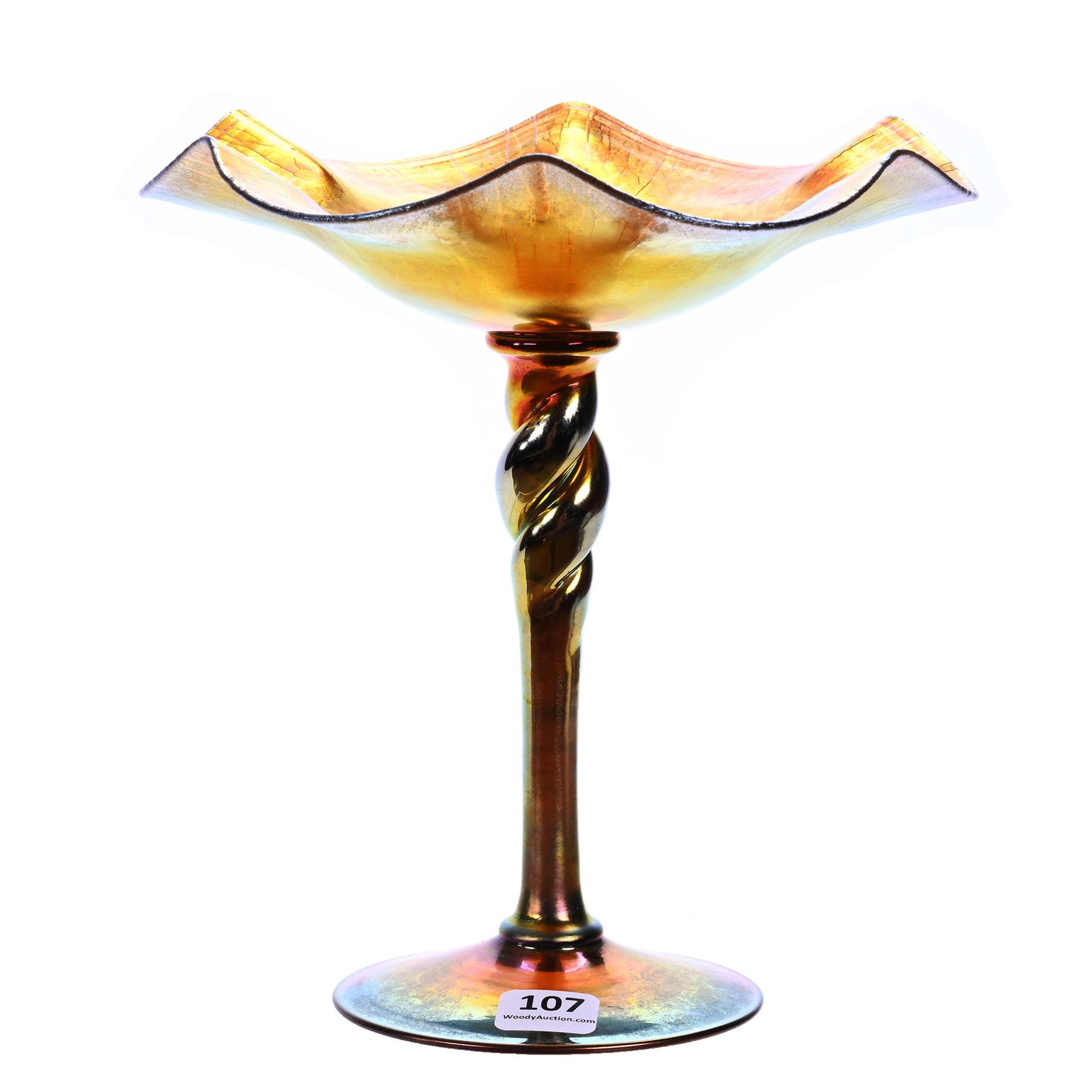 Art Glass Compote, Signed Steuben Aurene, #367: Art Glass Compote, Signed Steuben Aurene, #367, 7.75" x 7.25", Exceptional Gold Iridescence, Ruffled Rim And Twist Stem, Private Tennessee Collection.