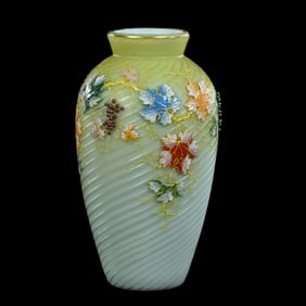 Vase, Signed Moser, Yellow Shading To White Satin Swirl Art Glass