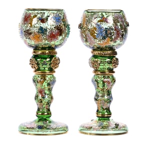 Pair Wine Stems, Unmarked Moser, Solid Green Art Glass