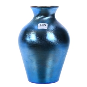 Vase, Signed Quezal, Blue Iridescent Art Glass
