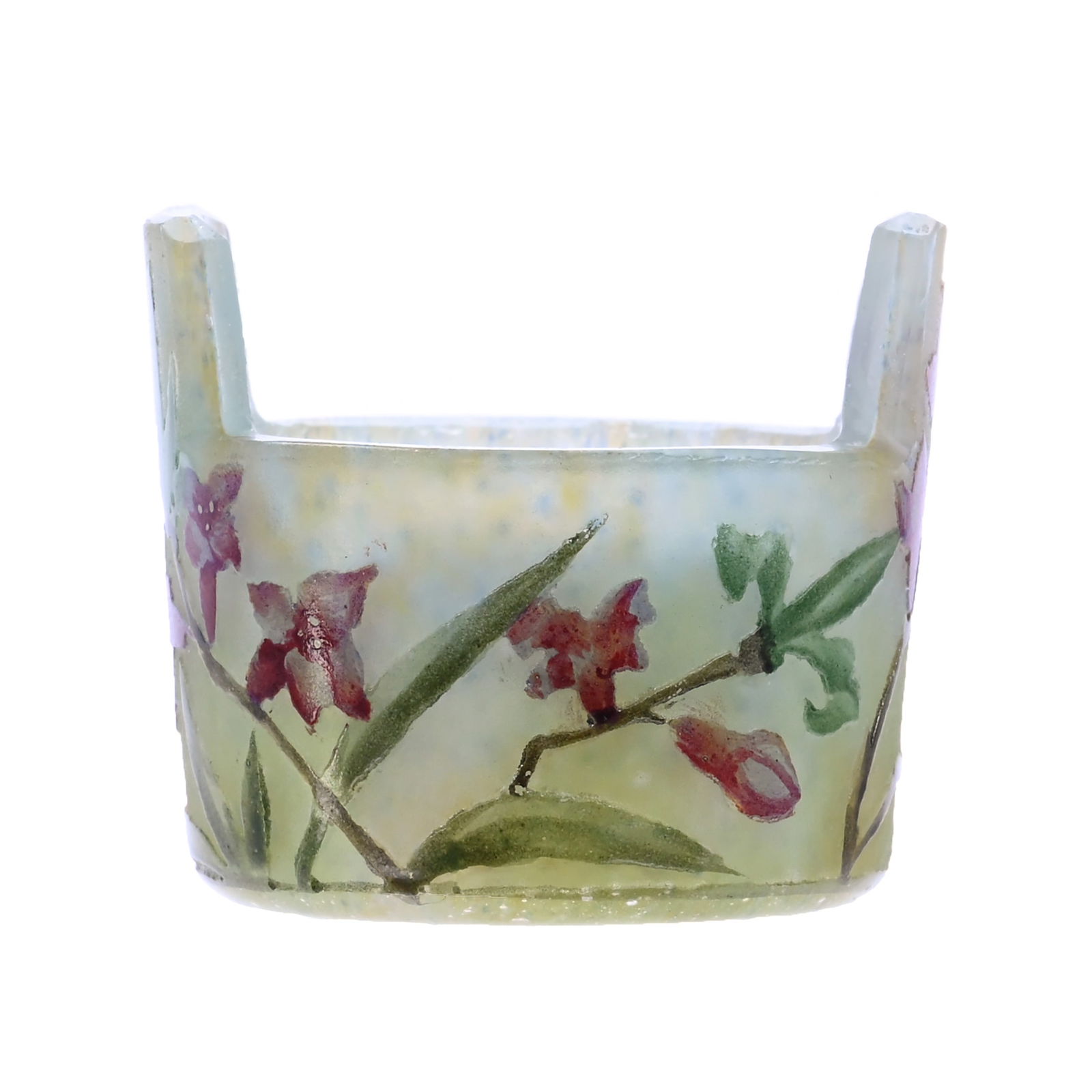 Tab-Handled Salt Dip, Signed Daum Nancy, French Cameo Art Glass: Tab-Handled Salt Dip, Signed Daum Nancy, French Cameo Art Glass, 1.5" x 1.75", Enamel Pink Floral Blossom Decor, This Piece Is Genuine Daum From The Early 1900s, Private Tennessee Collection.