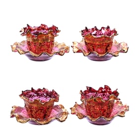 (4) Ramekins With Underplates. Cased Cranberry Art Glass Attributed To Moser
