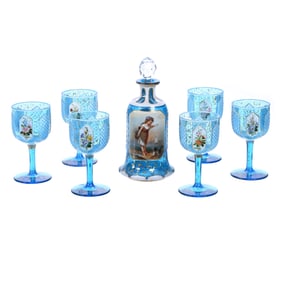 Decanter Set, Blue Bohemian Art Glass