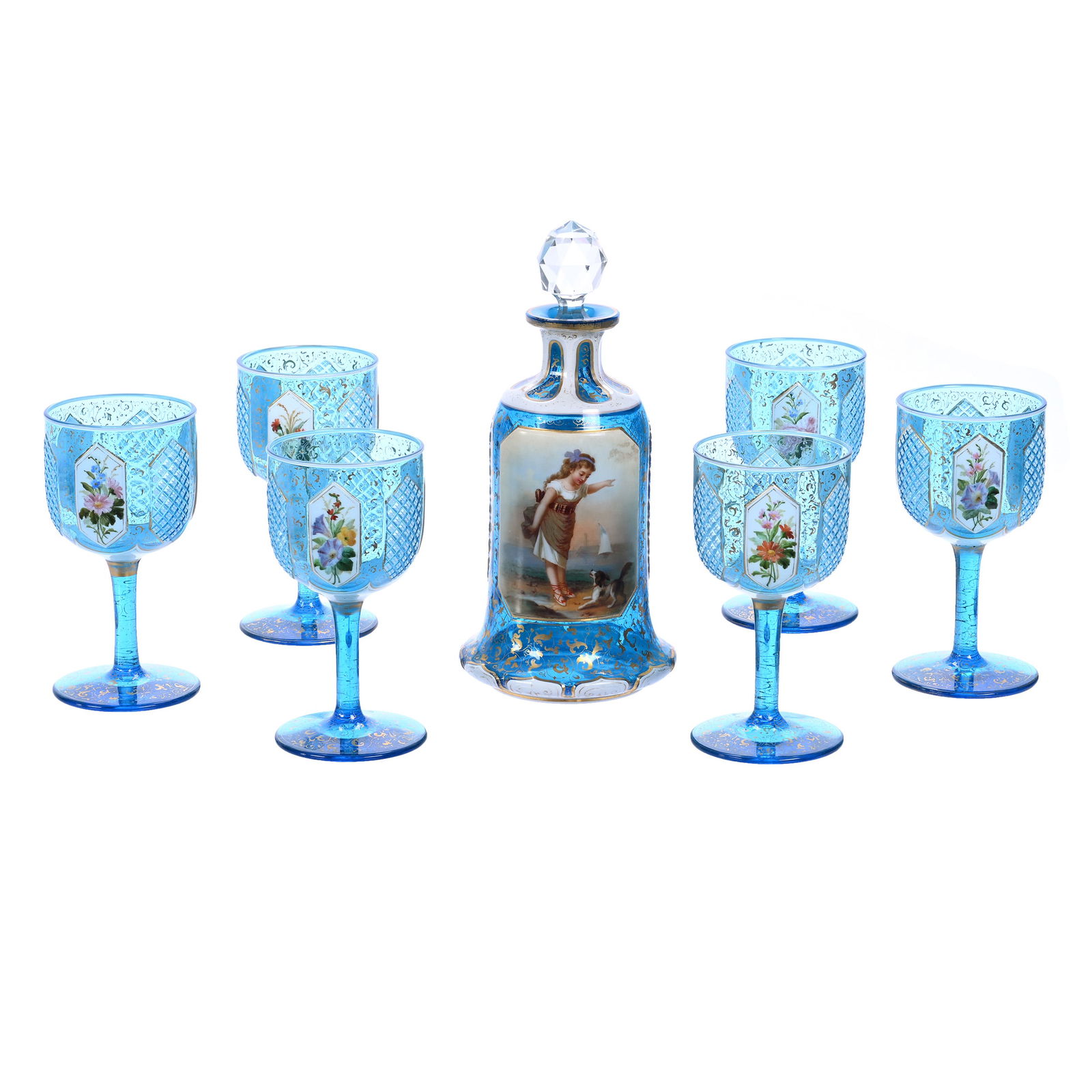 Decanter Set, Blue Bohemian Art Glass: Decanter Set, Blue Bohemian Art Glass, White Cutback Overlay, (1) Decanter 7.75" x 3.75" With Hand Painted Panel Featuring Young Girl With Dog Near Beach, Extensive Gold Stencil Highlights, Sells With