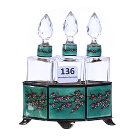 Three Bottle French Perfume Set, Guilloche Enamel And Silver
