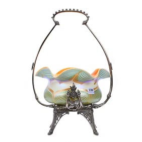 Victorian Brides Basket With Signed Quezal #10 Art Glass Bowl