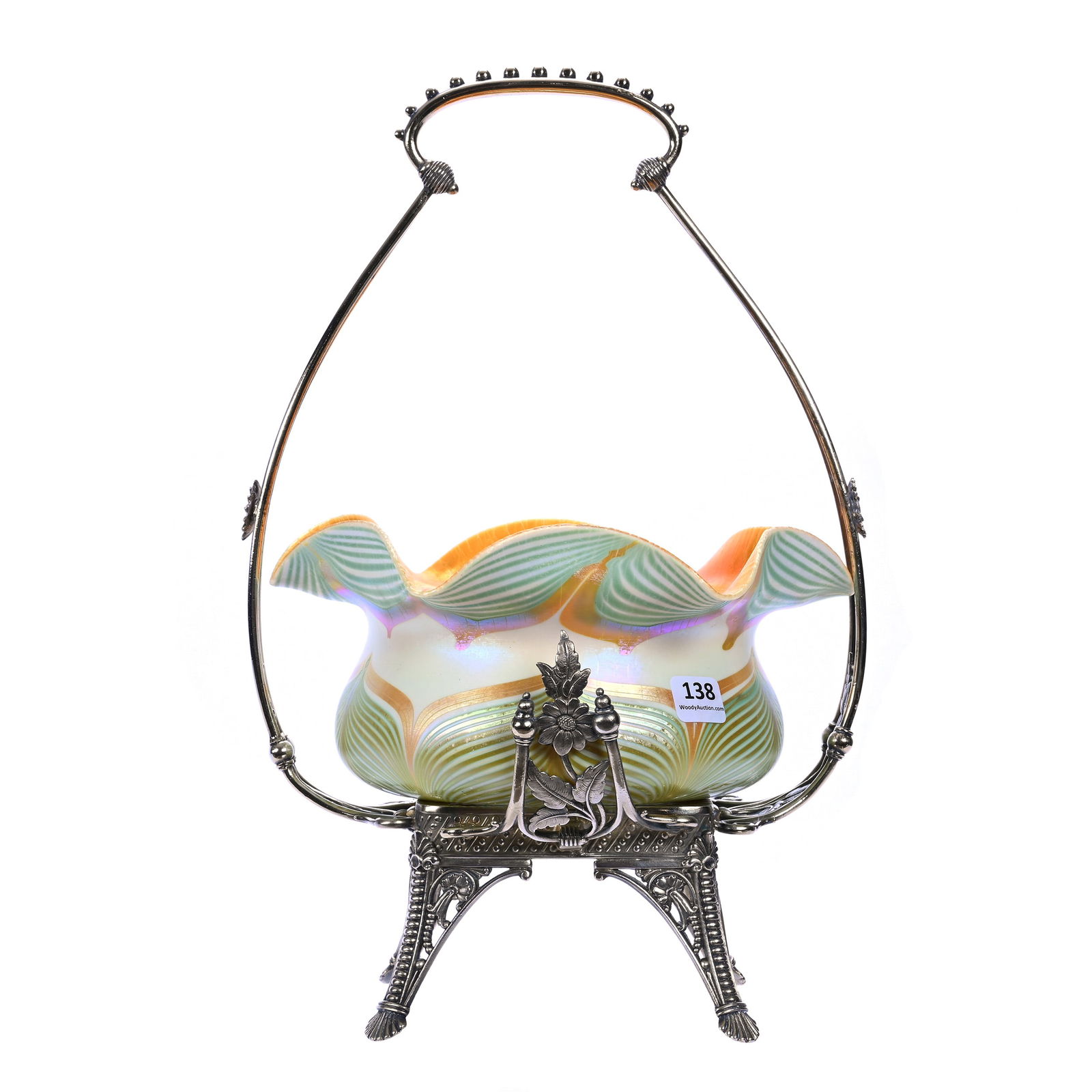 Victorian Brides Basket With Signed Quezal #10 Art Glass Bowl (1 of 5)