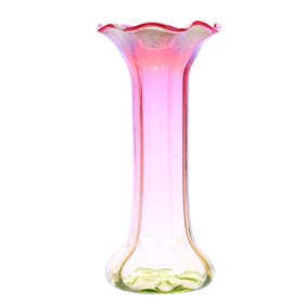 Vase, Cranberry Opalescent Shading To Vaseline Art Glass, Optic Rib Design