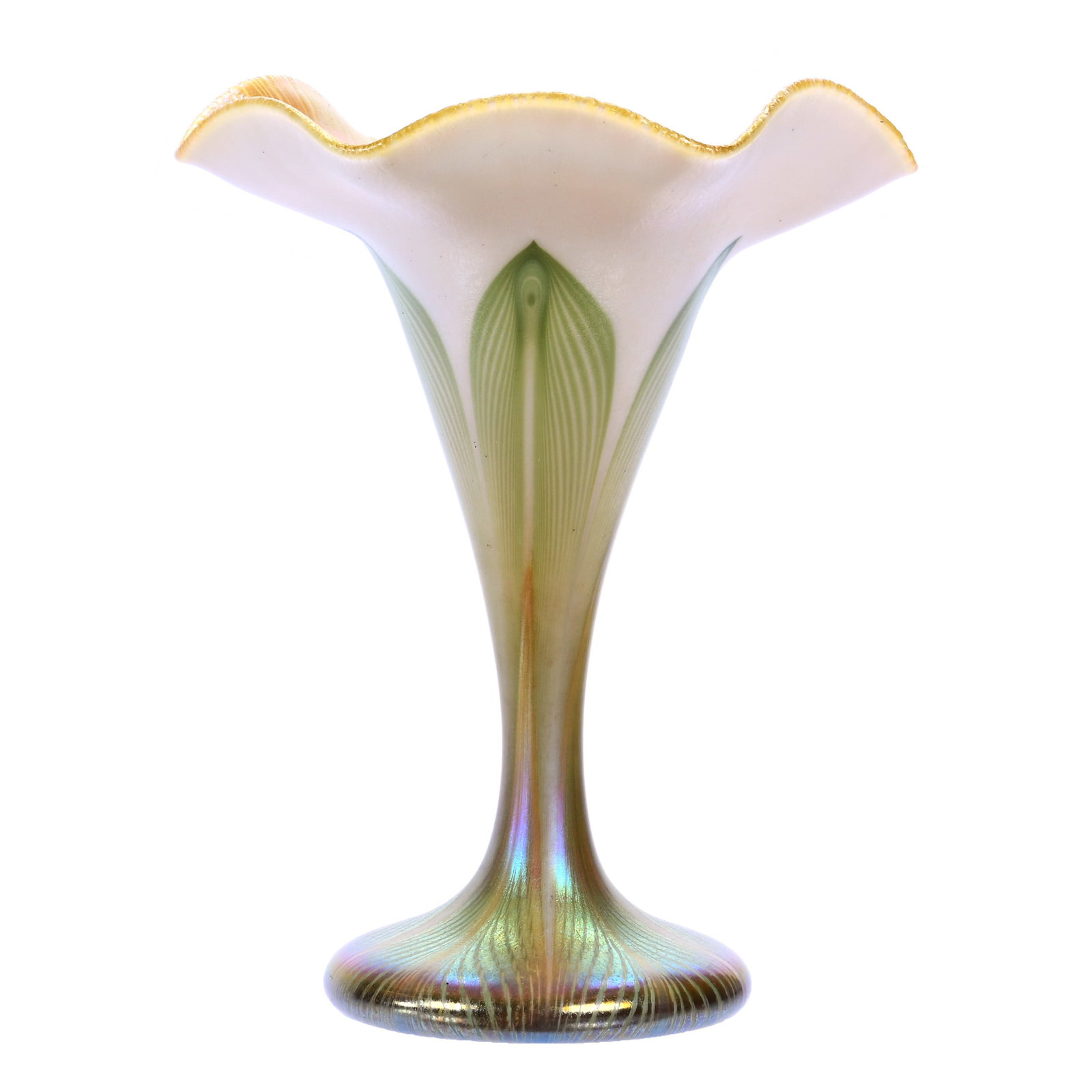 Vase Signed Quezal #G295 Art Glass: Vase Signed Quezal #G295 Art Glass, 5.75" x 4.5", Green And White Pulled Feather Design With White And Gold Iridescent Highlights, Cute Form, Indiana Private Collection.