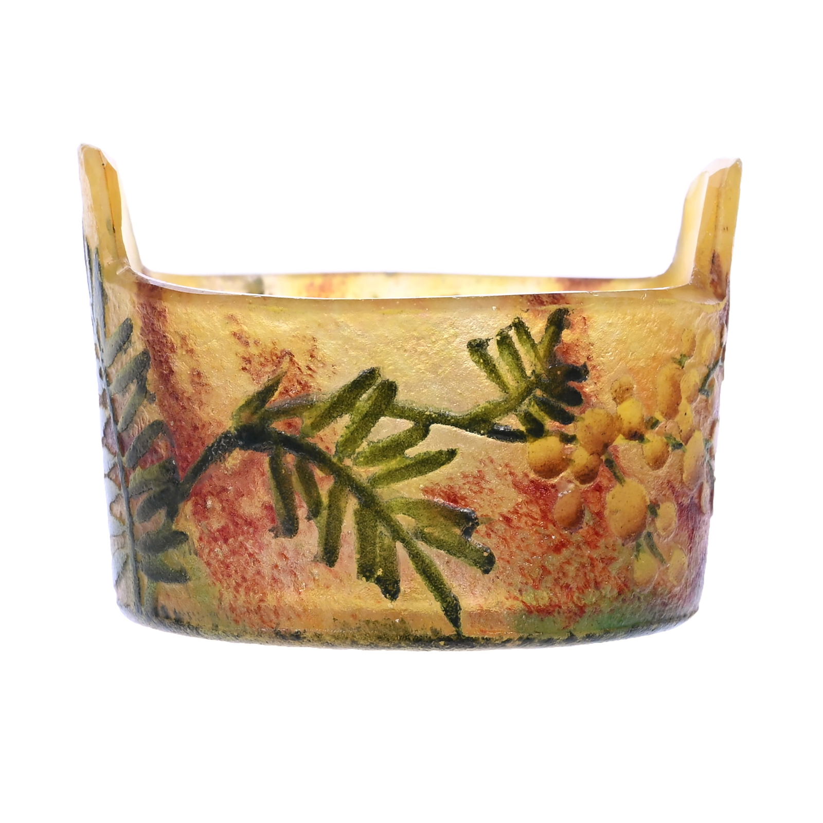 Tab-Handled Salt Dip, Signed Daum Nancy, French Cameo Art Glass: Tab-Handled Salt Dip, Signed Daum Nancy, French Cameo Art Glass, 1.25" x 1.75", Yellow And Brown Mottled Ground With Enamel Pine Needle Decor, This Piece Is Genuine Daum From The Early 1900s, Private