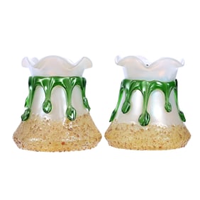 Pair Vases In Style Of Loetz Art Glass, White Opal Ground, Yellow Fruit Base, Green Applied Drip