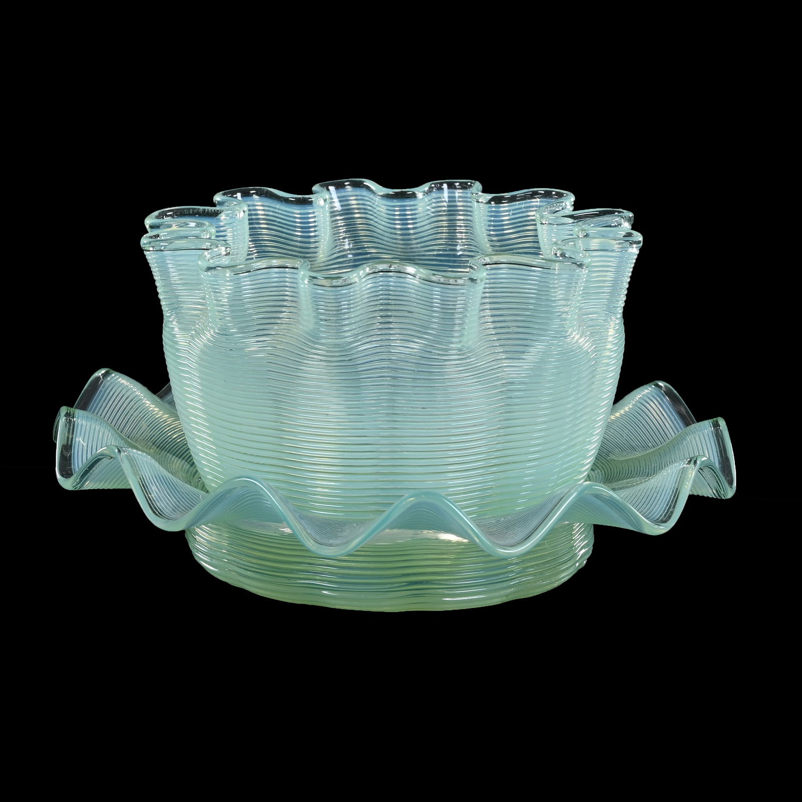 Ramekin & Underplate, Vaseline Opalescent Art Glass, Threaded Exterior (1 of 4)