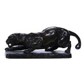 Bronze Figurine, Crouching Mountain Lion, Signed Van Der-Kemp, Includes French Society's' Mark