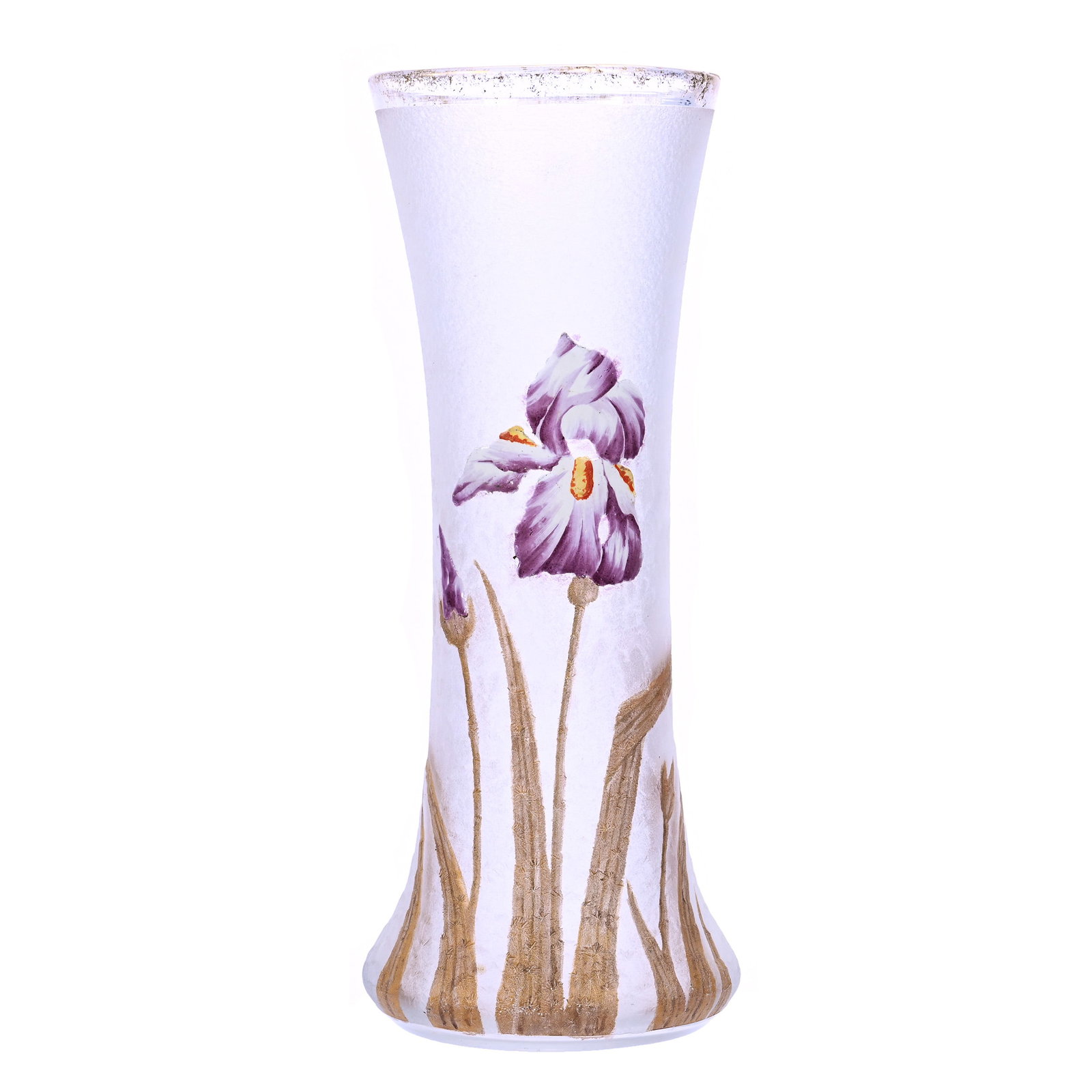Vase, Unmarked Mt. Joye Style Art Glass: Vase, Unmarked Mt. Joye Style Art Glass, 11.75" x 4.75", Clear Frosted Ground, Enamel Iris Decor, Gerry And Jamie Prather Collection, Michigan.