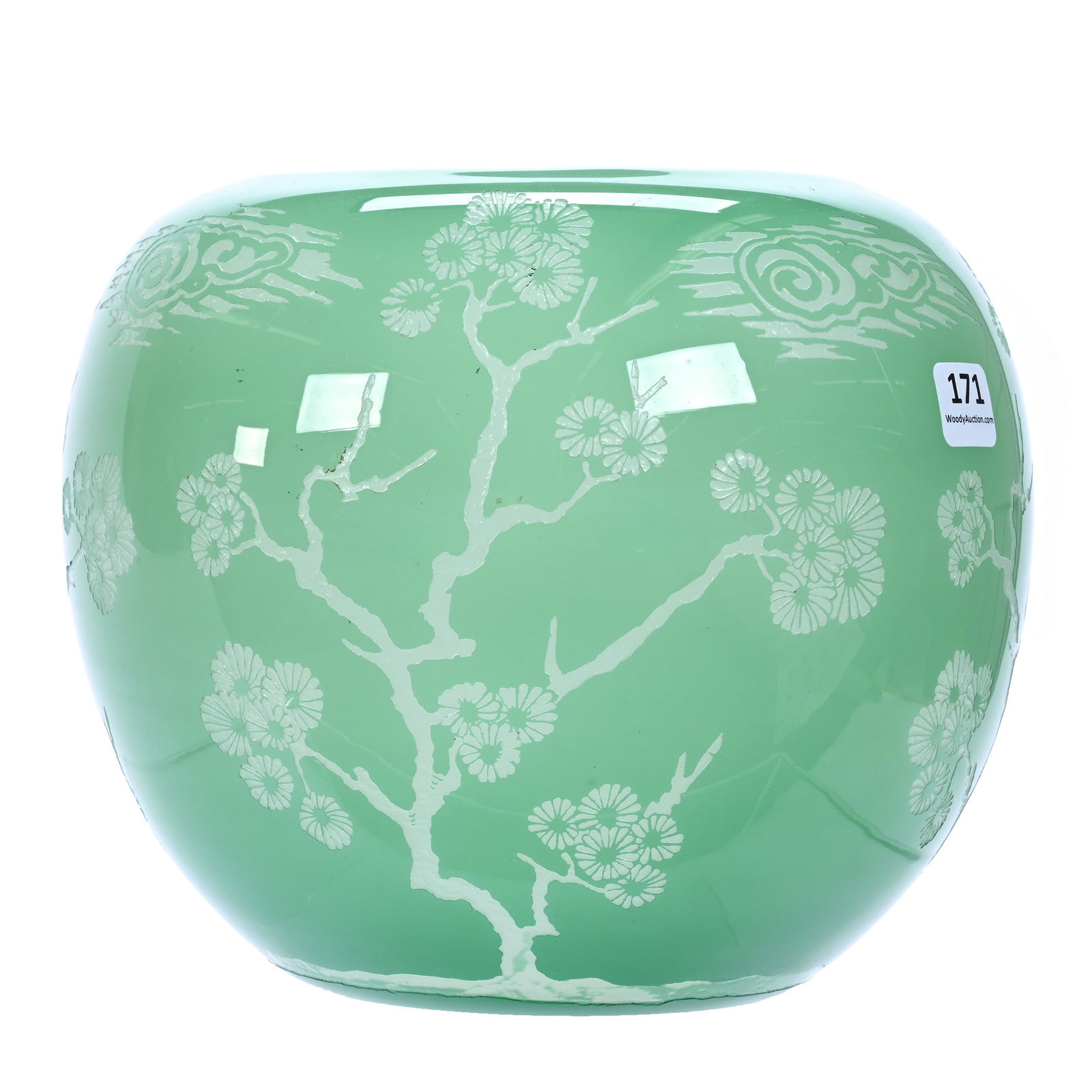 Vase, Unmarked Steuben Green Jade & Alabaster Art Glass, Acid Cut Matzu Pattern (1 of 3)