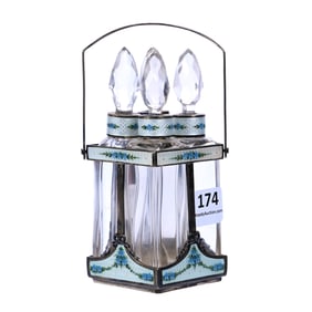 Four Bottle French Perfume Set, Guilloche Enamel Sterling Silver