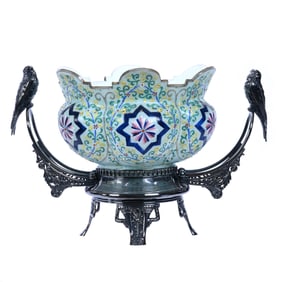 Victorian Brides Basket, Opaline Ware Art Glass Bowl With Blue Exterior, Castellated Edge
