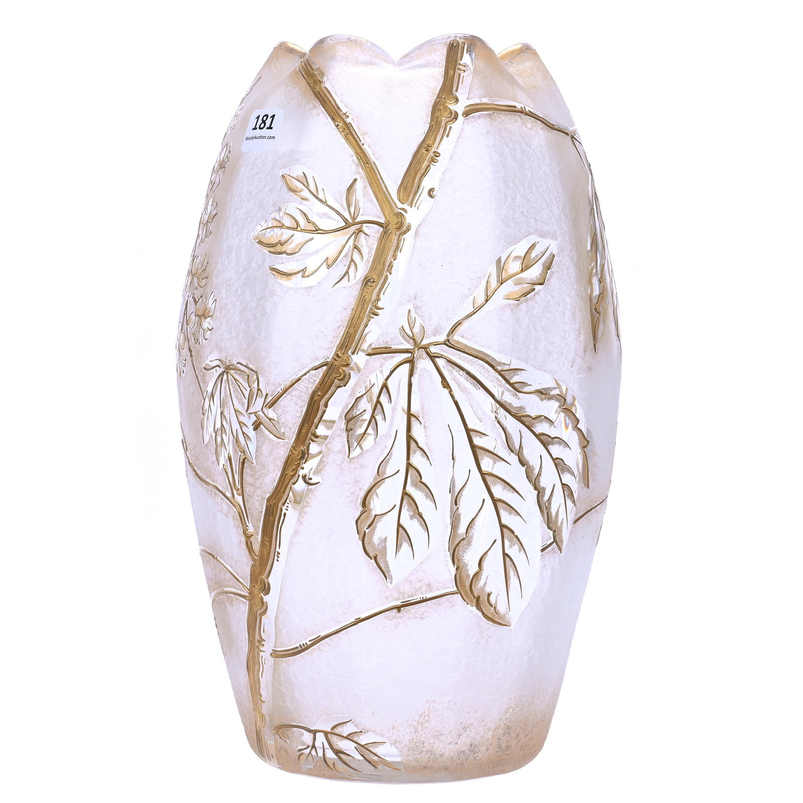 Vase Signed St. Denis French Cameo Art Glass: Vase Signed St. Denis French Cameo Art Glass, 11.5" x 6.75", Clear Frosted Ground With Acid Cut Branch, Blossom And Leaf Decor, Gerry And Jamie Prather Collection, Michigan.