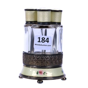 Four Bottle French Perfume Set, Guilloche Enamel Sterling Silver