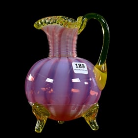 Footed Jug, Cranberry Opalescent Stripe