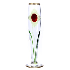 Vase, Clear Art Glass With Red Marquetry Medallions