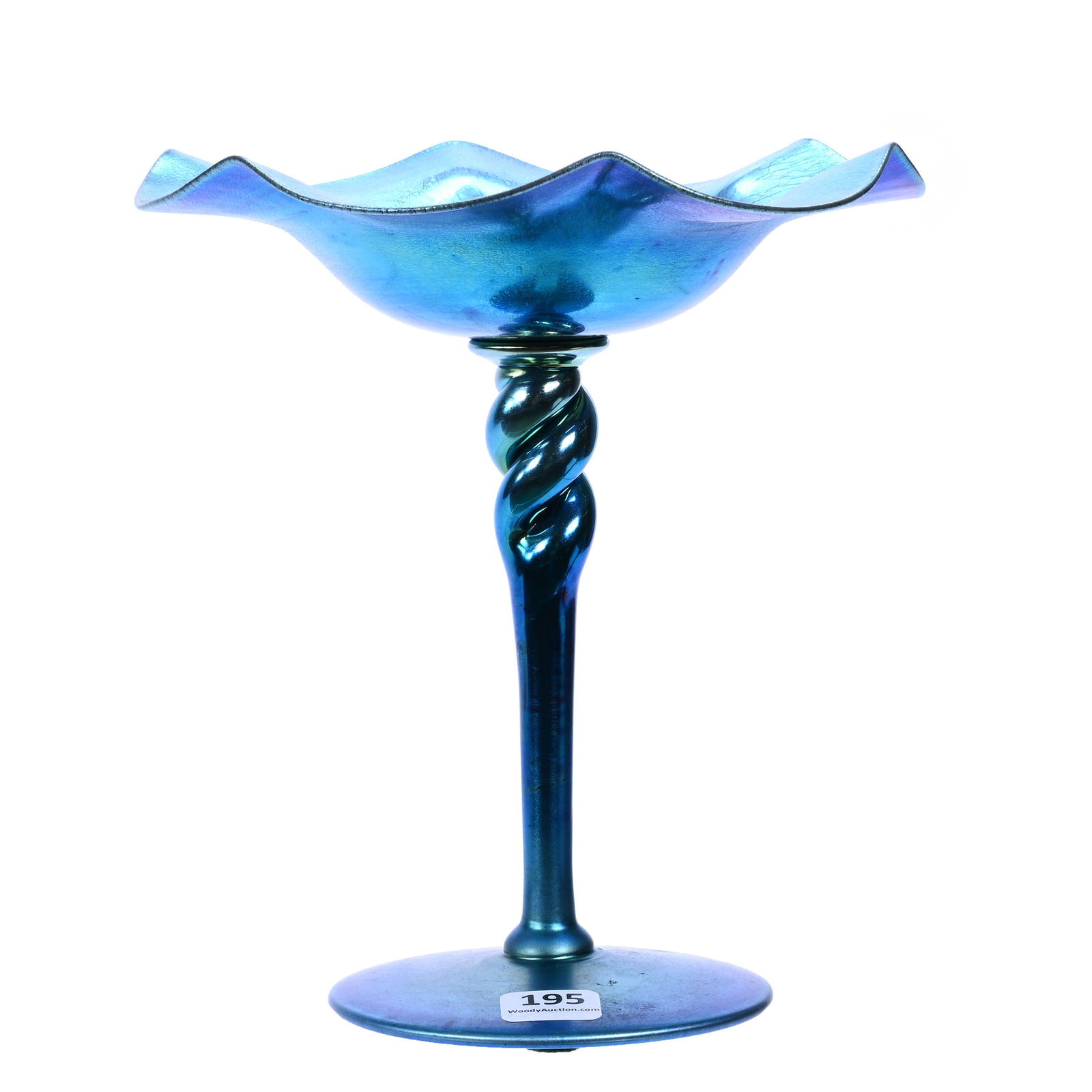 Compote Signed Steuben Aurene #367 Art Glass, Beautiful Blue: Compote Signed Steuben Aurene #367 Art Glass, Beautiful Blue, 7.75" x 7", Twist Stem, Ruffled Rim, Indiana Private Collection.