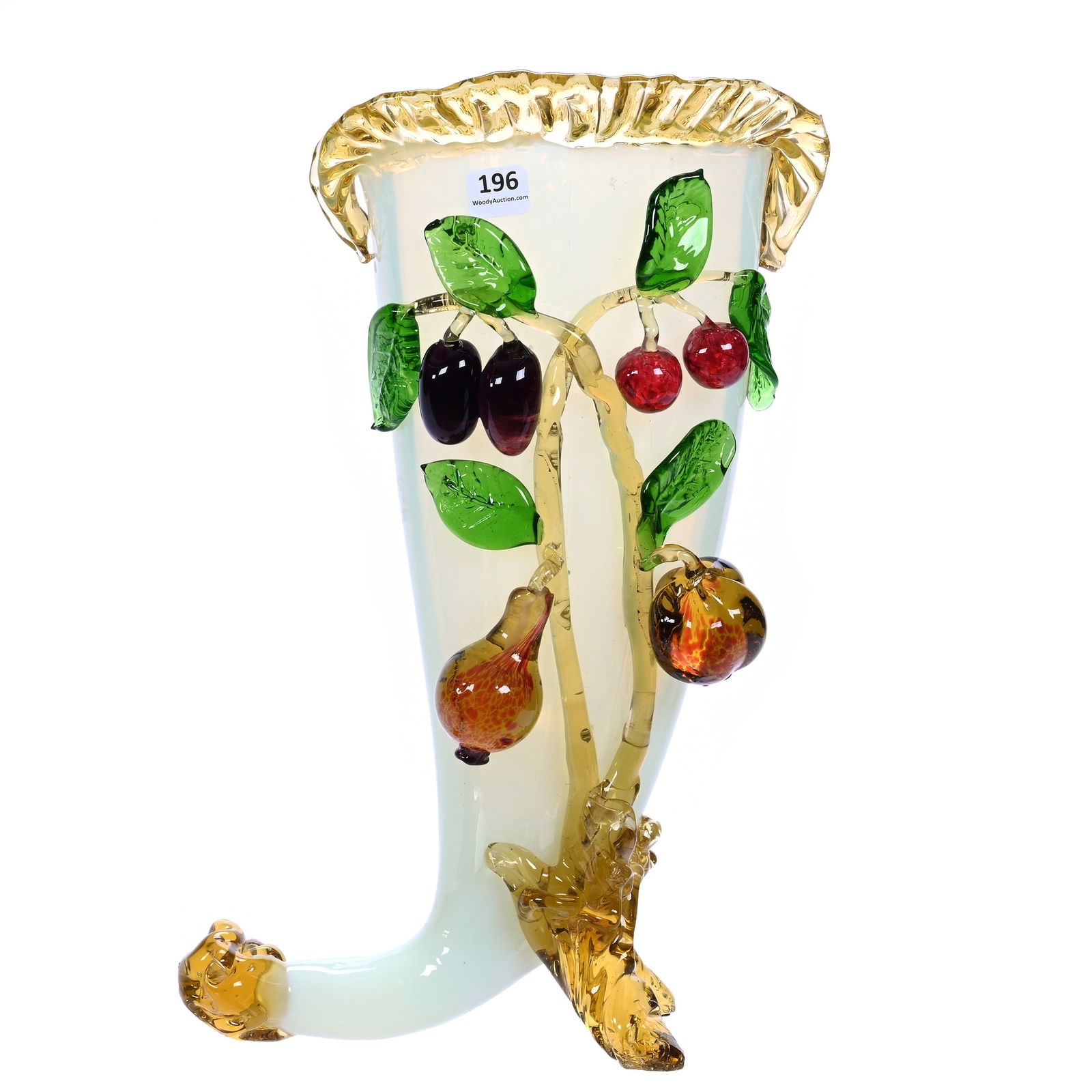 Vase, Cornucopia Shaped, Unmarked Stevens And Williams: Vase, Cornucopia Shaped, Unmarked Stevens & Williams, 14" x 8" x 4.5", Opaque White Body With Amber Applied Branch And Colorful Applied Multi Fruit And Leaf Decor, Feet With Chips, Gerry And Jamie Pra