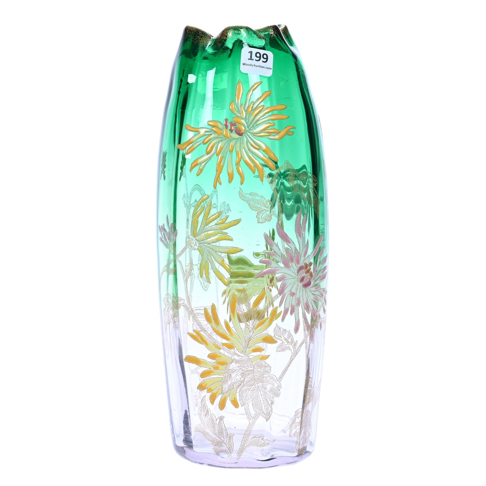 Vase, Unmarked Mt. Joye, French Art Glass: Vase, Unmarked Mt. Joye, French Art Glass, 11.75" x 4.5", Green Shading To Clear With Enamel Chrysanthemum Decor, Gerry And Jamie Prather Collection, Michigan.