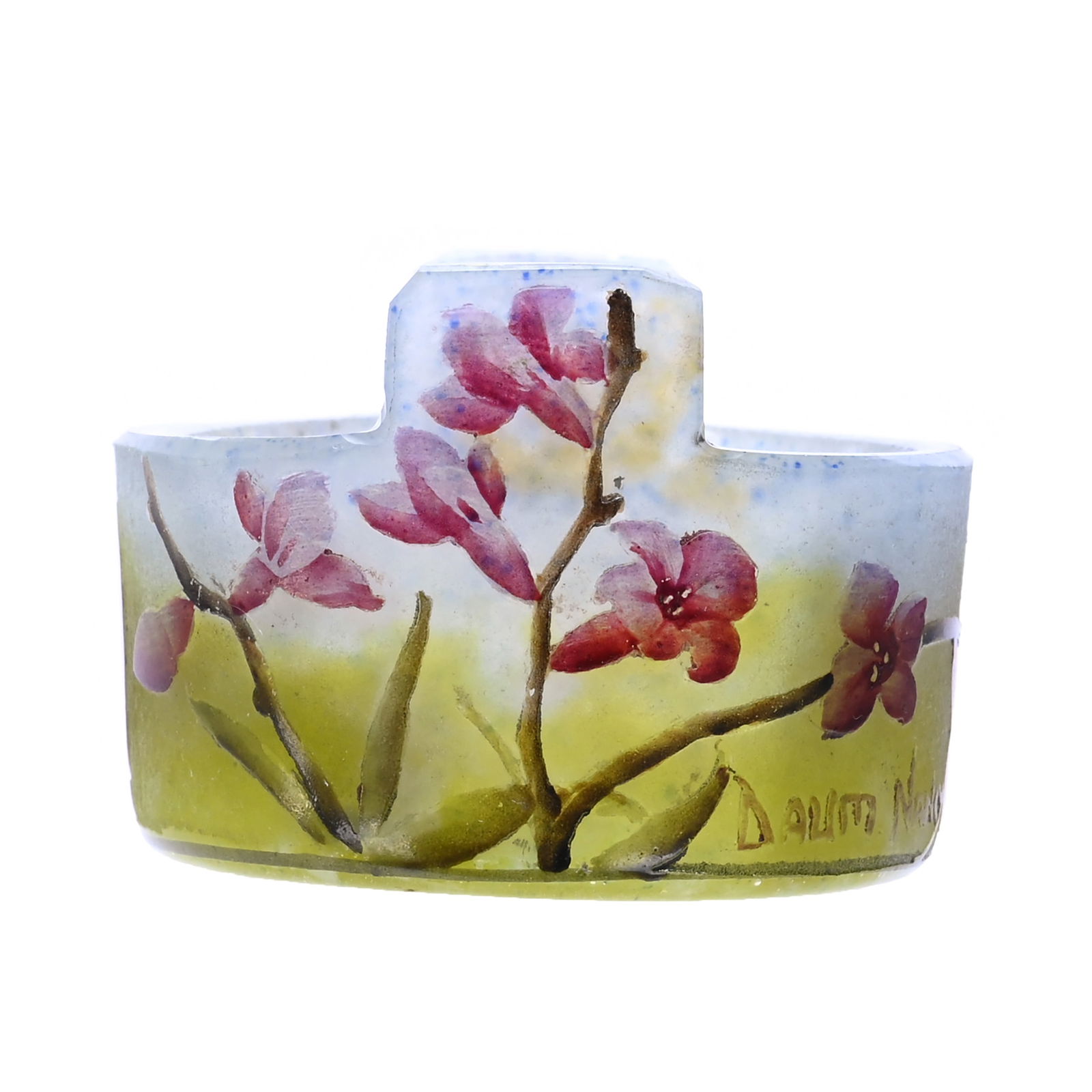 Tab-Handled Salt Dip, Signed Daum Nancy, French Cameo Art Glass: Tab-Handled Salt Dip, Signed Daum Nancy, French Cameo Art Glass, 1.25" x 1.75", White And Green Mottled Ground With Enamel Floral Decor, This Piece Is Genuine Daum From Early 1900s, Private Tennessee