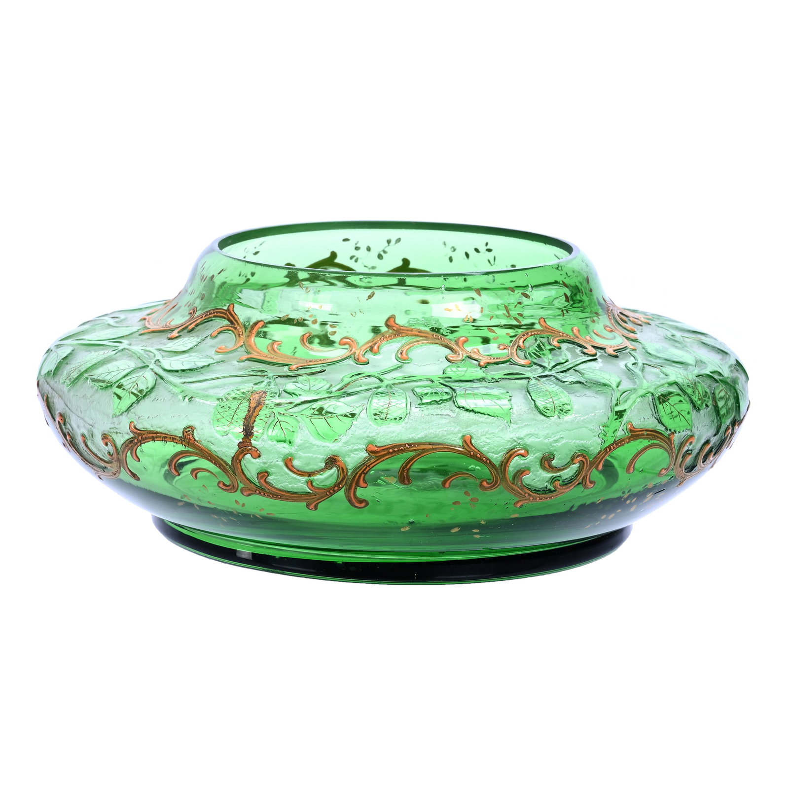 Squat Vase, Unmarked, Acid Cameo Cut Green To Clear: Squat Vase, Unmarked, Acid Cameo Cut Green To Clear, 4.5" x 10.5", Floral And Scroll Design, Minor Manufacturer's Surface Flaw With Gilded Touch Up, Gerry And Jamie Prather Collection, Michigan.