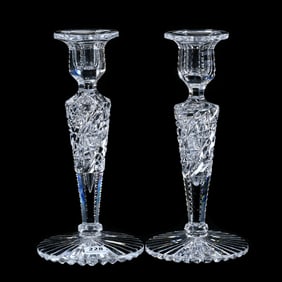Pair Of Candlestick Holders, American Brilliant Cut Glass, Signed Hawkes