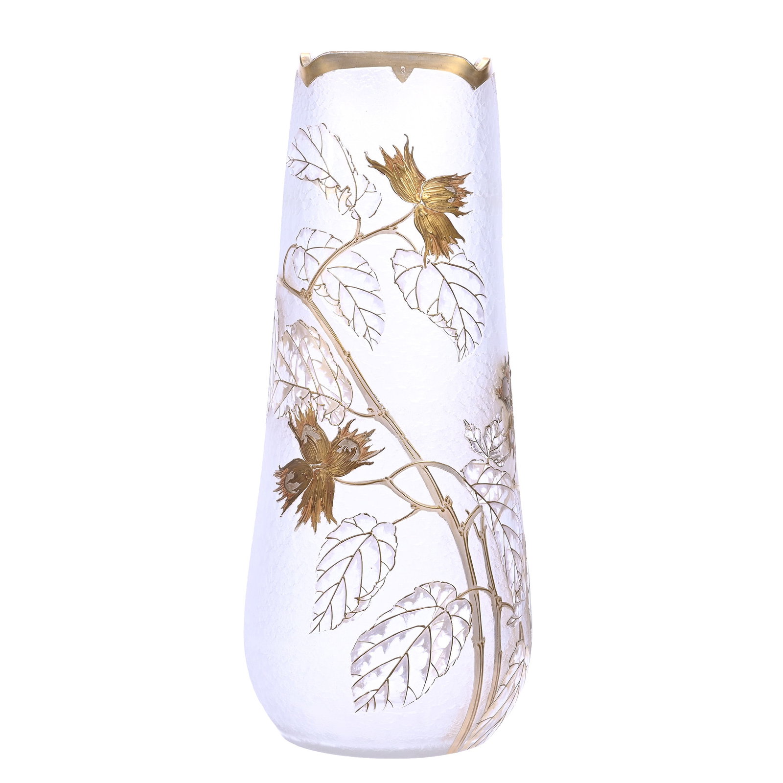 Vase, Signed St. Denis, French Art Glass: Vase, Signed St. Denis, French Art Glass, 16.5" x 6.5", Clear Frosted Acid Cut Body With Gilded Enamel Branch, Leaf, And Blossom Decor, Gerry And Jamie Prather Collection, Michigan.