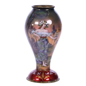 Vase, French Enamel On Copper, Scene Of Woman Near Gazebo