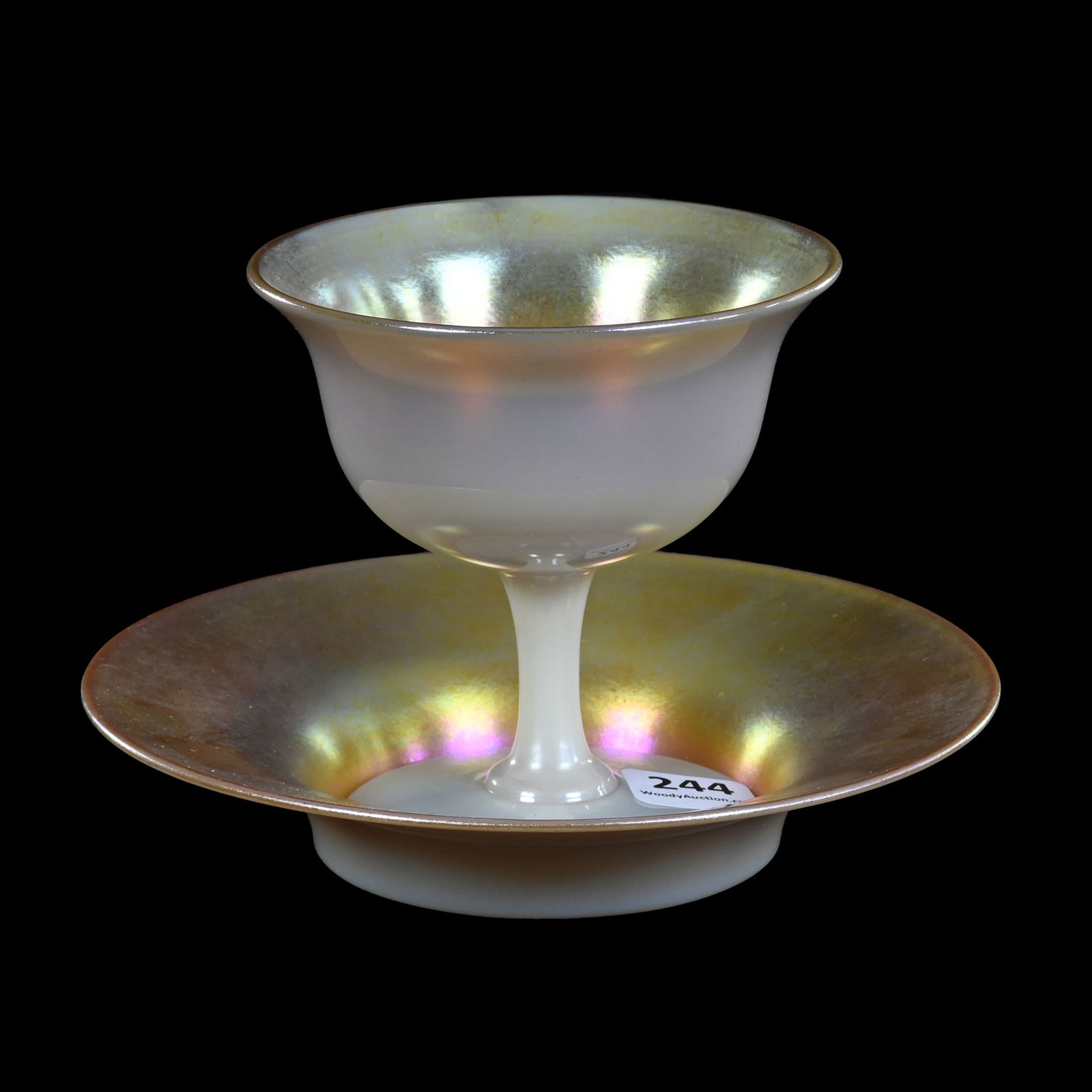 Sherbet & Underplate, Unmarked Steuben Gold Calcite Art Glass: Sherbet And Underplate, Unmarked Steuben Gold Calcite Art Glass, 4" x 6", Nice Example, Verl Timm Collection, Colorado.