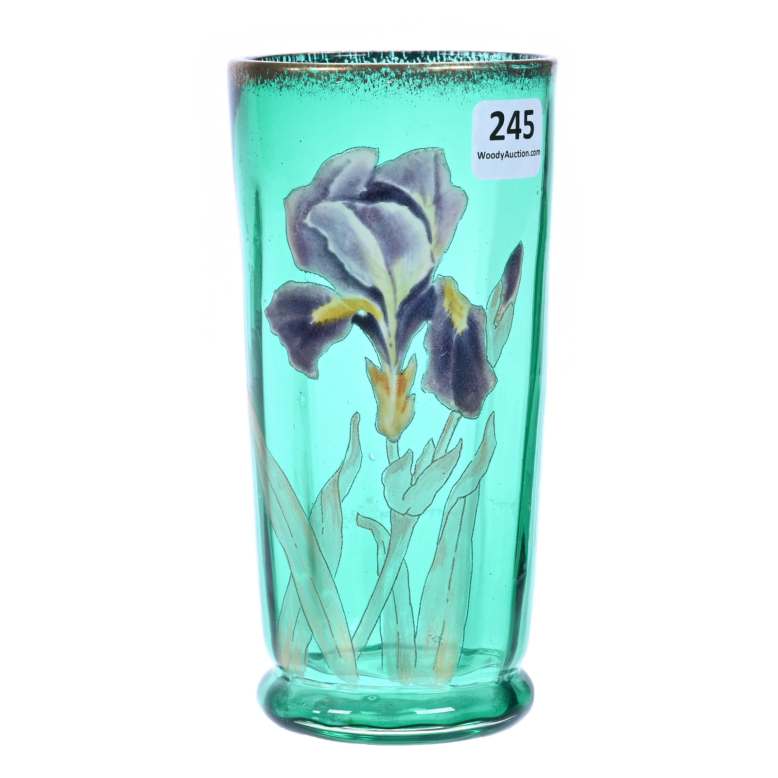 Iced Tea Glass, Unmarked Mosier, Green Art Glass With Enamel Iris Decor: Iced Tea Glass, Unmarked Moser, Green Art Glass With Enamel Iris Decor, 6" x 3", Gerry And Jamie Prather Collection, Michigan.