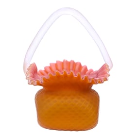 Basket, Apricot Diamond Quilted Mother Of Pearl Art Glass With Pink Interior